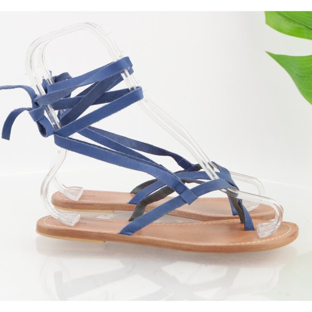 Ecote Womens Athena‎ Sandals Size 8 Blue Suede Thong Wrap Straps Tie Shoes Flats